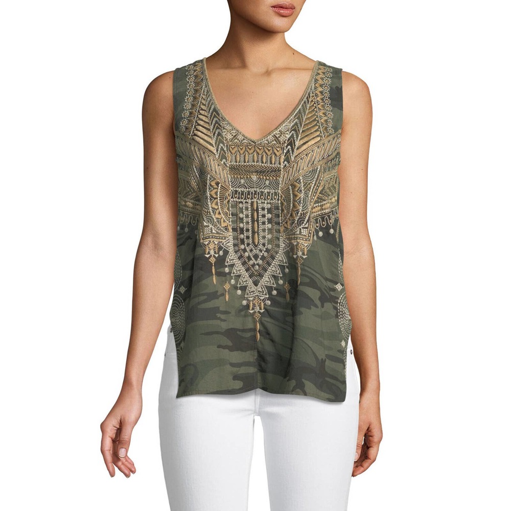 Johnny Was Green Camo Tank with Gold Embroidered Detail